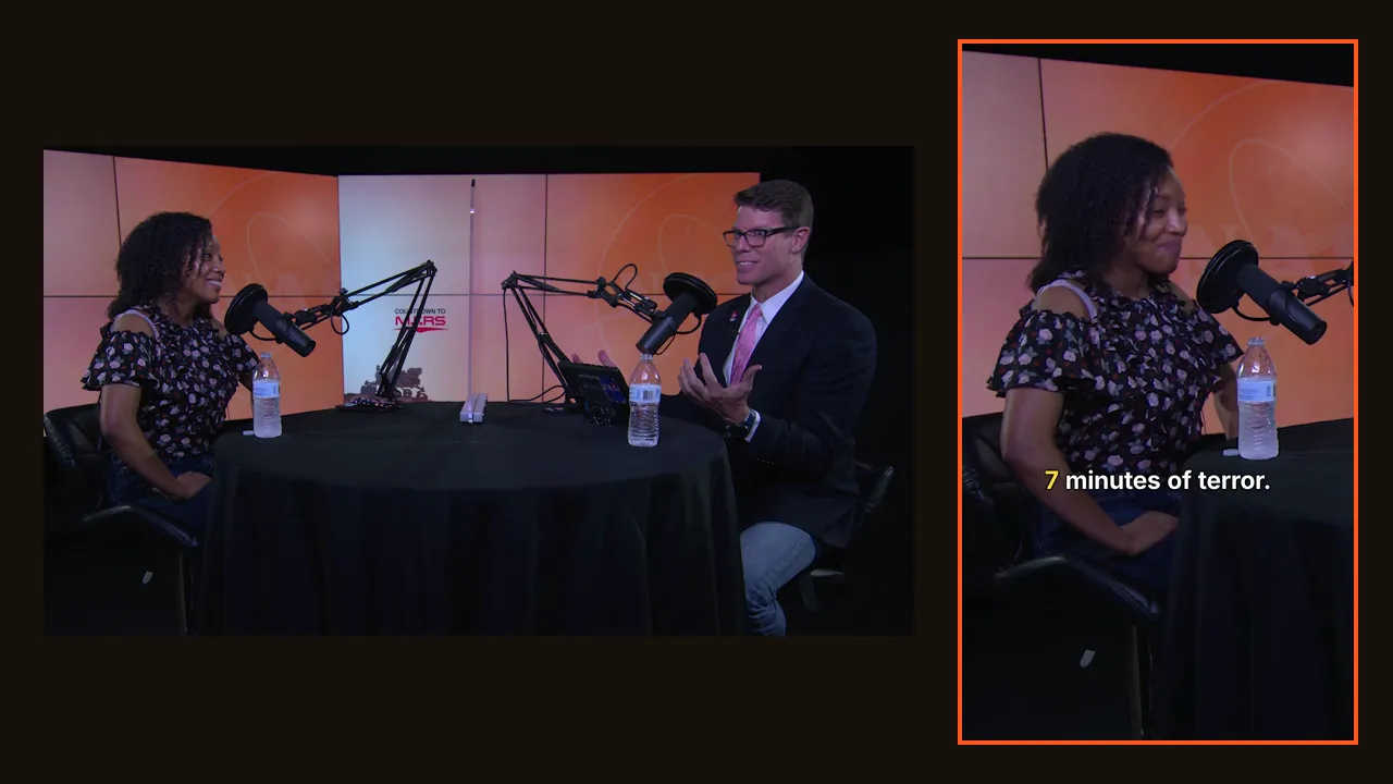 A landscape podcast frame next to the vertical clip cut from it
