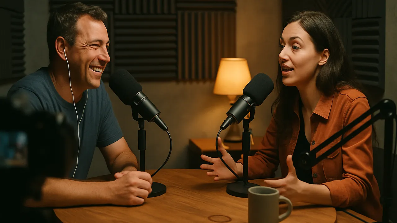 Two people recording a video podcast at a round table with studio microphones
