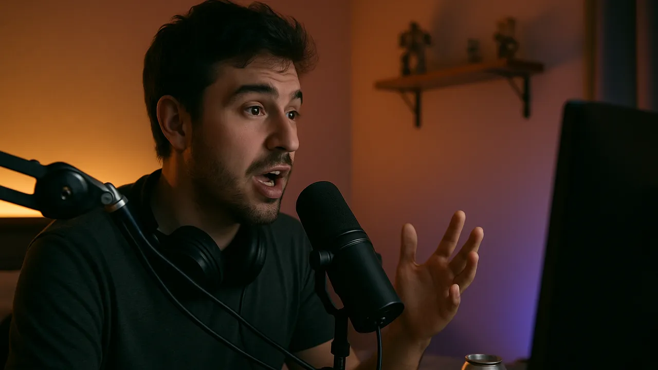 Streamer talking into a microphone in front of a lit gaming setup