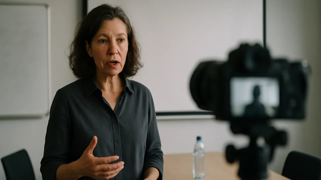 Presenter explaining a point to a camera in a meeting room