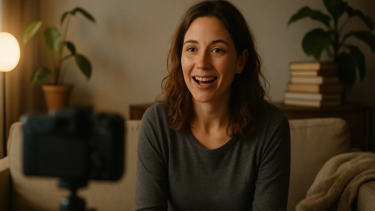 Creator filming herself talking to camera at home for a YouTube video